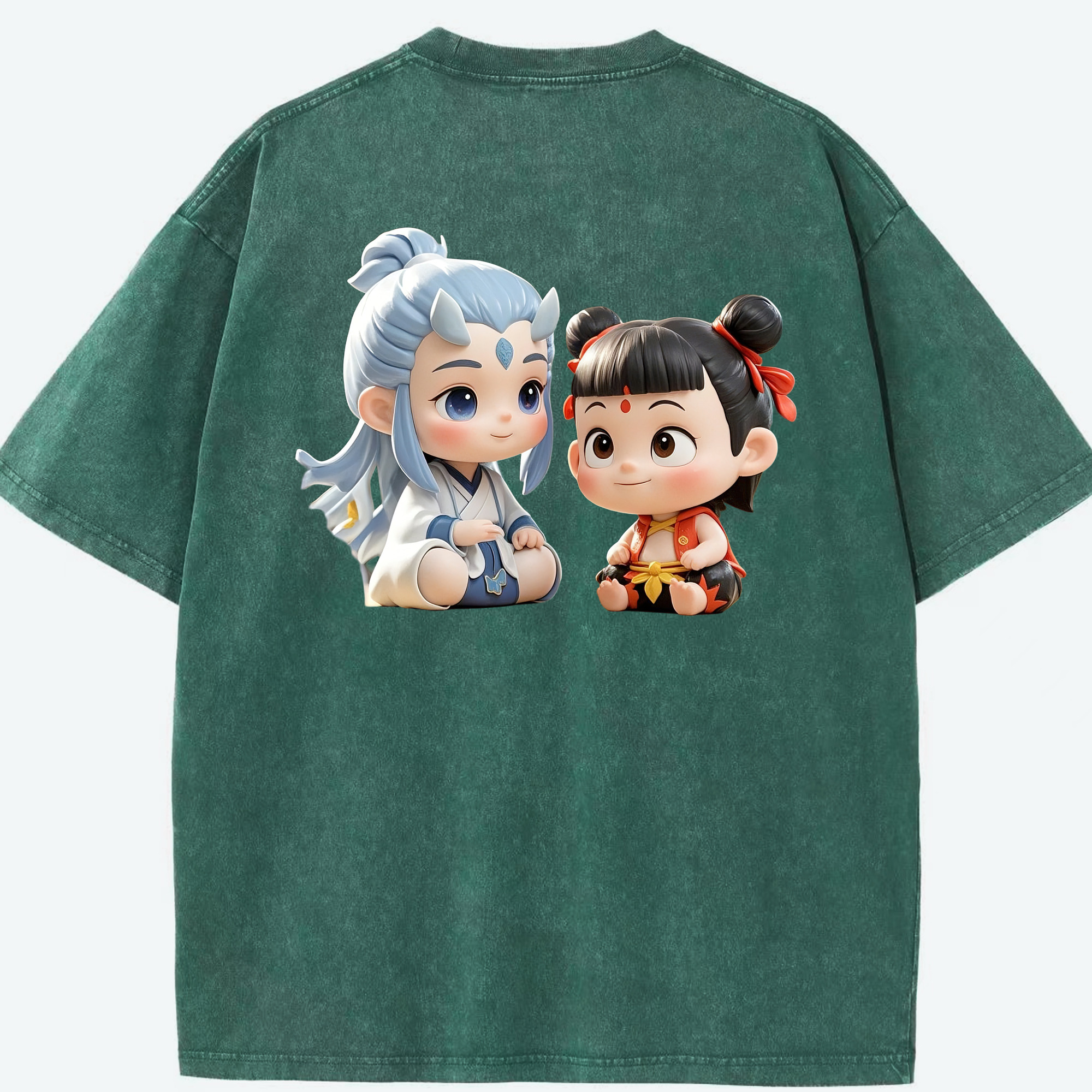 （画像用） Ne Zha 2 ナタ 魔童の大暴れ 綿100% ヴィンテージ風 半袖Tシャツ（背面プリント）